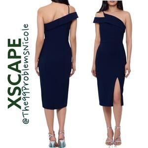Xscape Women's One-Shoulder Spacer Knit Midi Cocktail Dress
